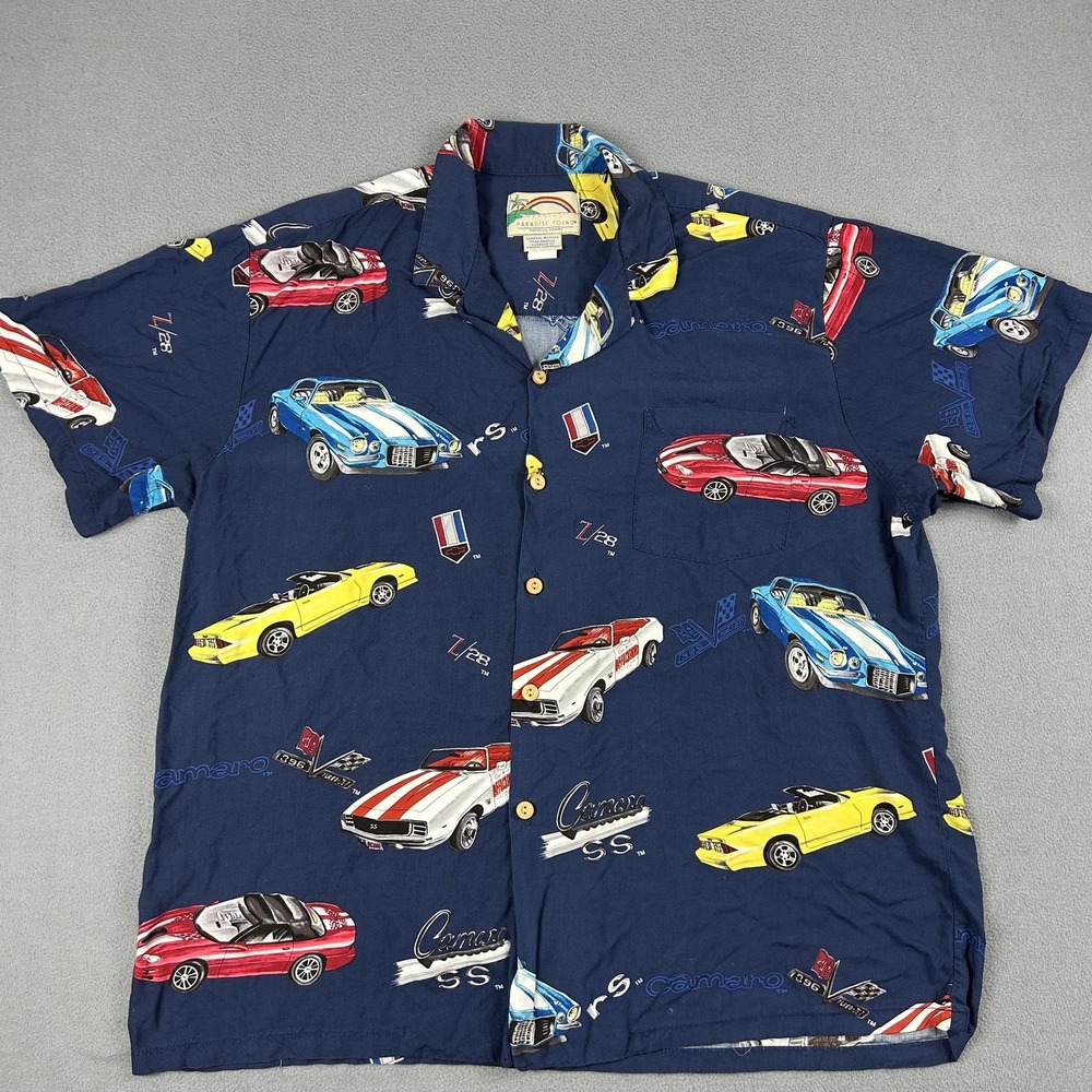 VINTAGE Paradise‎ Found Shirt Mens XL Blue Camaro Aloha Hawaiian Rayon USA 90s